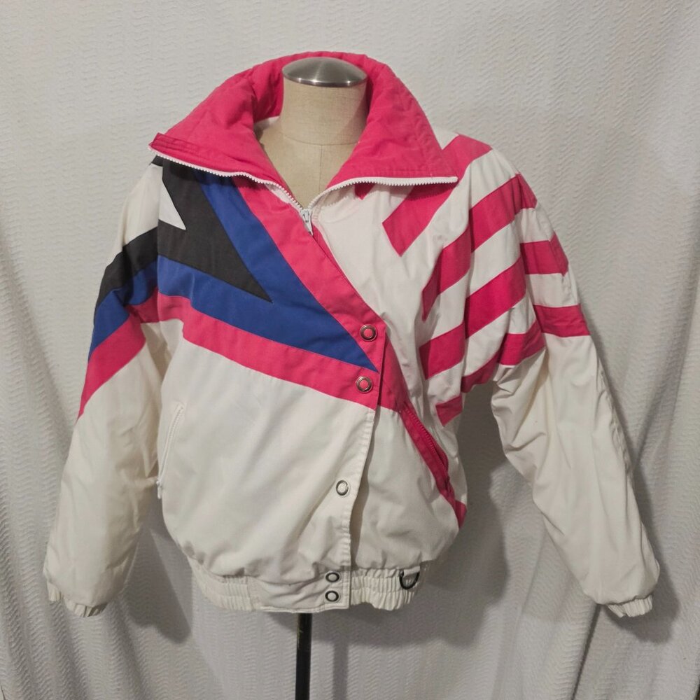 Vtg Andy Johns White Multicolor Women's Jacket Skiing 80s Bomber Style M